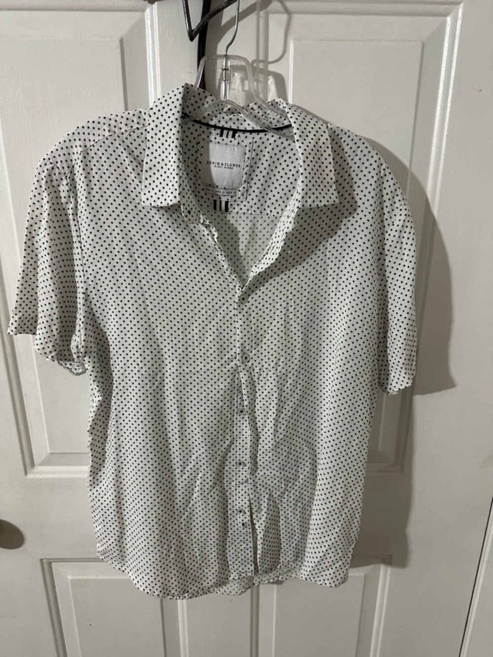 Denim & Flower White Short-Sleeve Button-Down Shirt with Black Dot Print